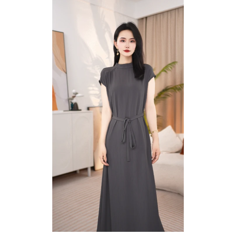 圆领夏季高腰短袖长裙连衣裙修身收腰纯色时尚25B8101