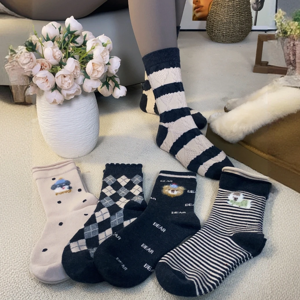 【爆款羊毛袜】松口冬季常规款卡通女中筒袜长筒袜厚款森系植绒百搭