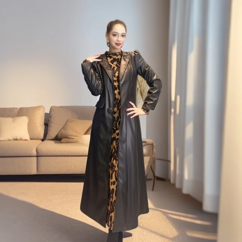 2025 秋冬修身女款宽松休闲时尚高腰显瘦百搭气质女士pu 皮大衣