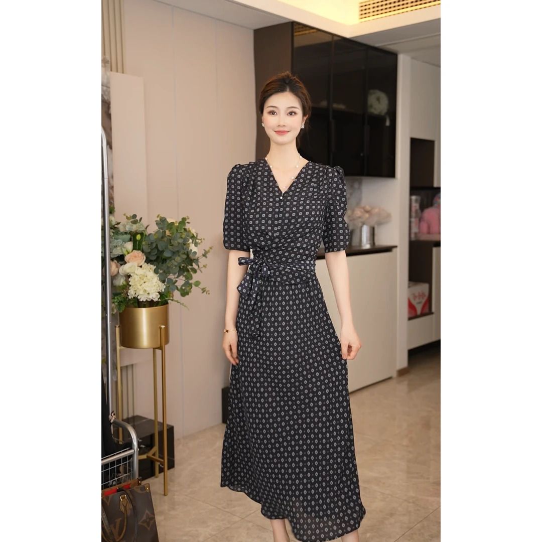 藏蓝色一片式茶歇气质显瘦连衣裙过膝长裙