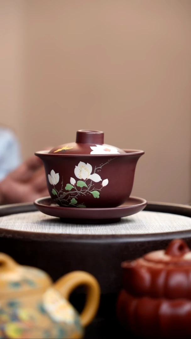 茶壶紫砂紫泥白玉兰三才盖碗