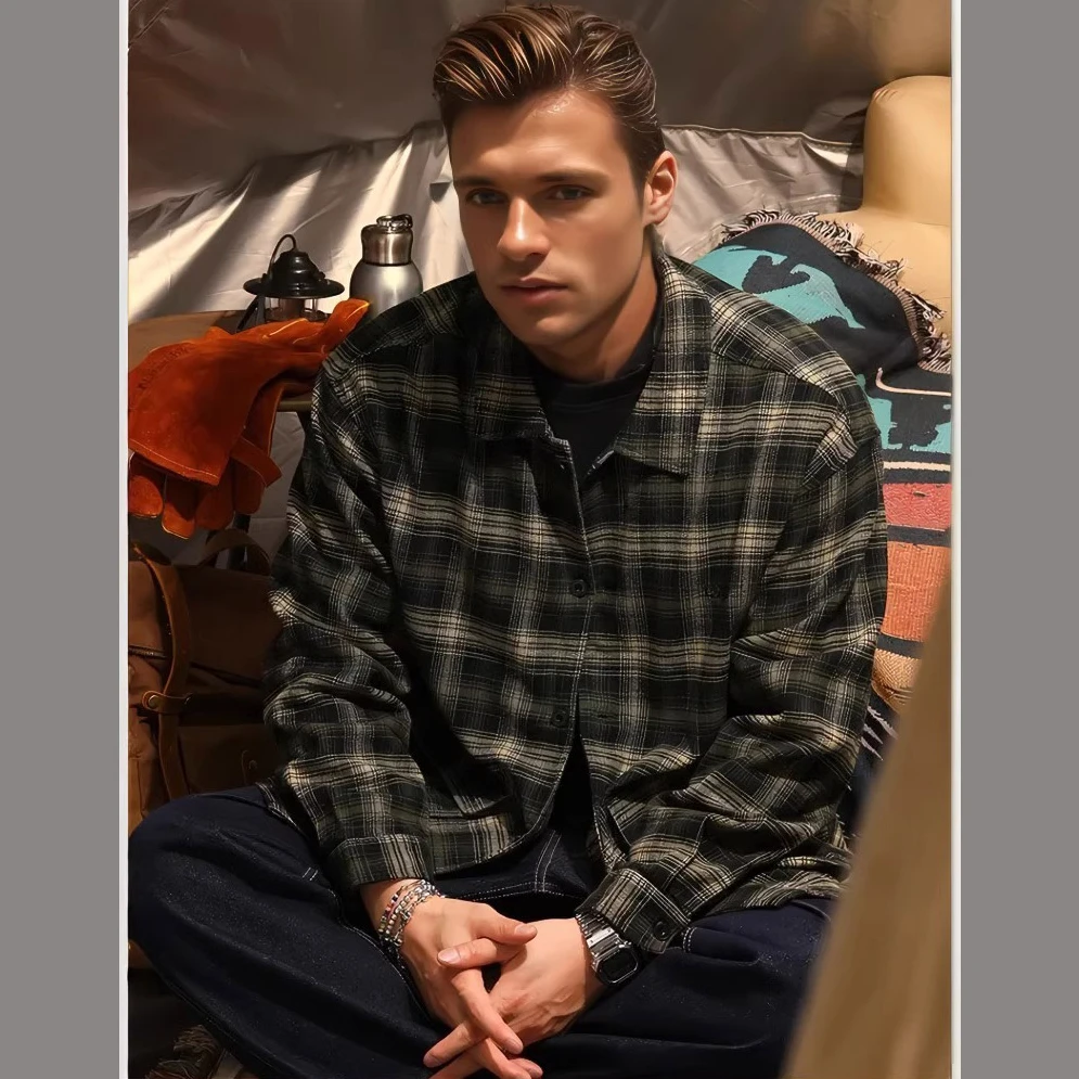 春秋纯棉长袖格子衬衫男宽松潮牌大码美式衬衣男生复古休闲外套潮