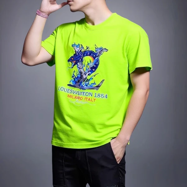 潮流短袖T恤男士2025夏季荧光绿潮牌印花高端时尚百搭圆领体恤衫