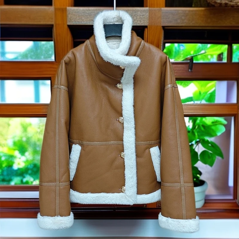 2025秋冬新款时尚气质立领女士机车服皮毛一体高级翻领上衣女夹克