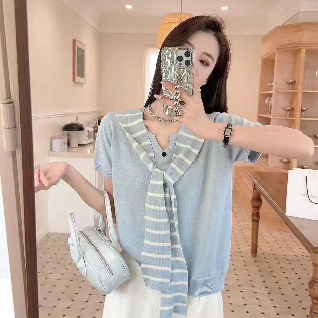 夏季2025年新款韩版针织宽松披肩围巾设计感针织衫短袖上衣女T910