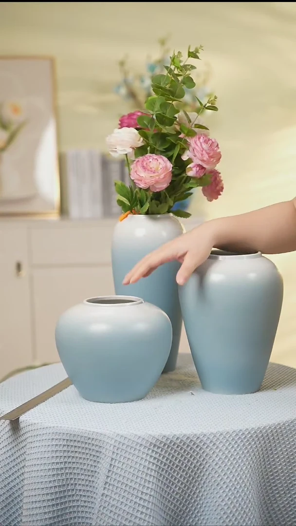 三件套蔚蓝圆口景德镇陶瓷花瓶摆件插花花器复古陶罐简约花盆