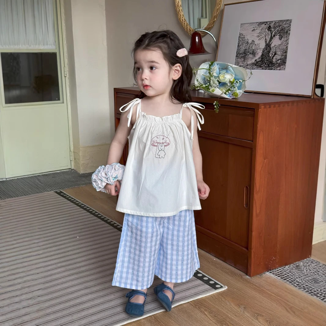 夏季白色吊带蓝格裤子套装夏装韩版女童洋气女孩休闲短裤