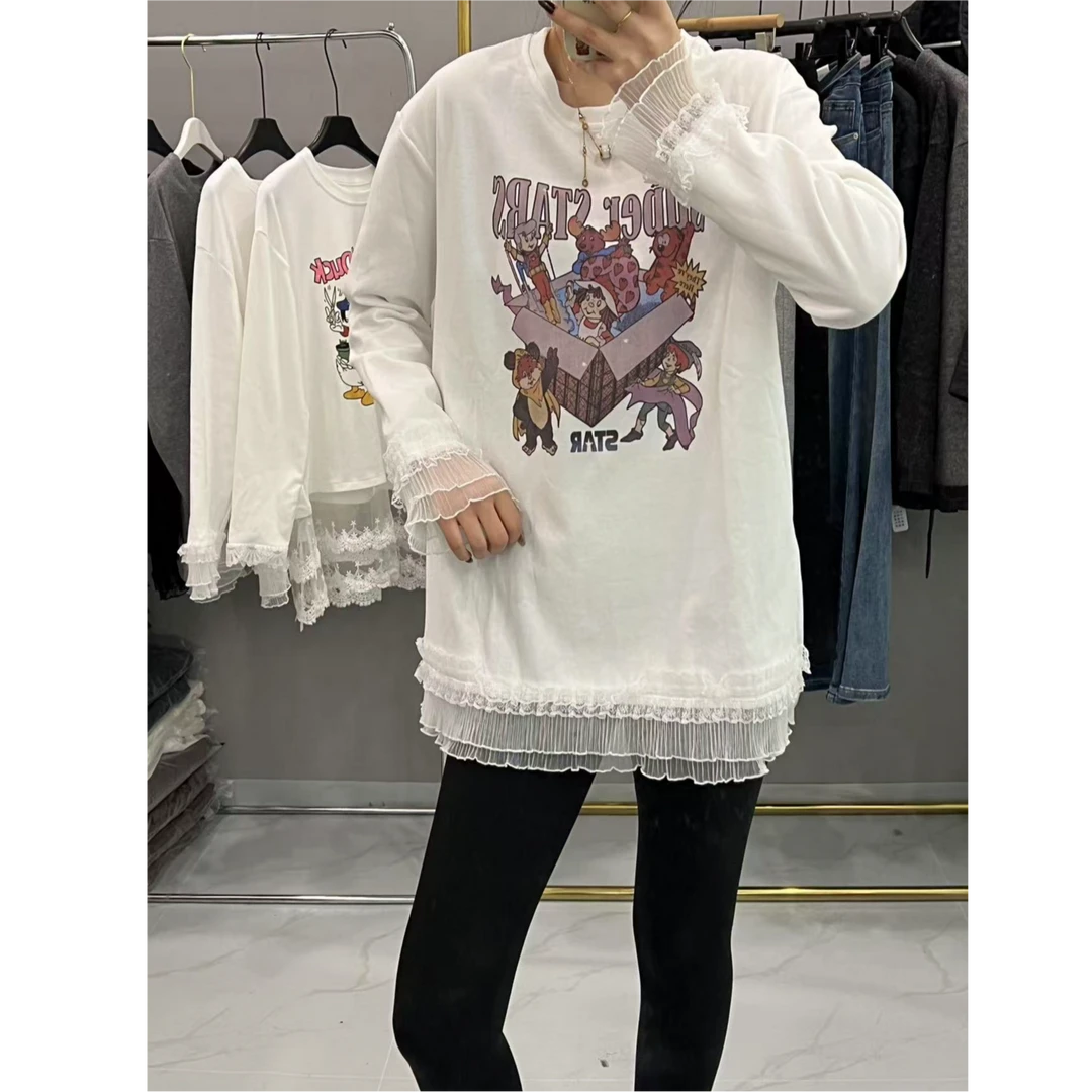 2025春季新款卡通图案蕾丝边打底上衣