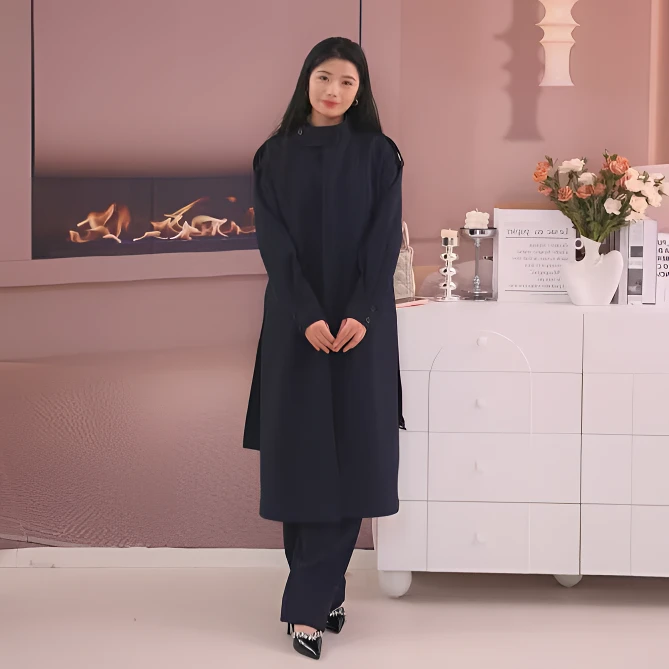 H3350  秋季新款高端气质系带风衣蓝色长款外套