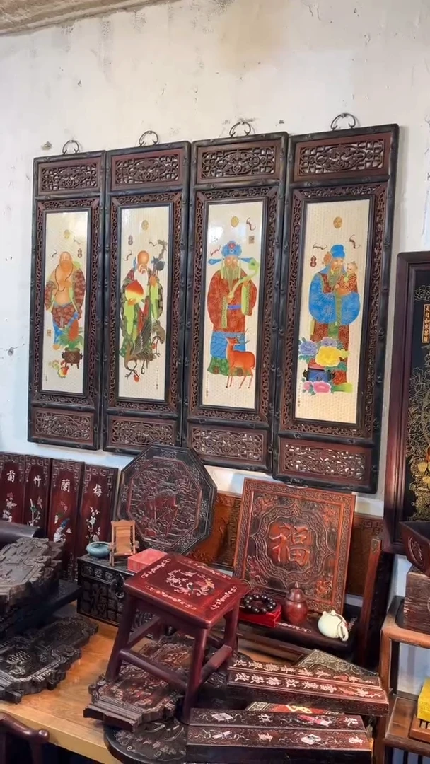 非洲紫檀（红花梨）1米2高x1米45宽四条屏