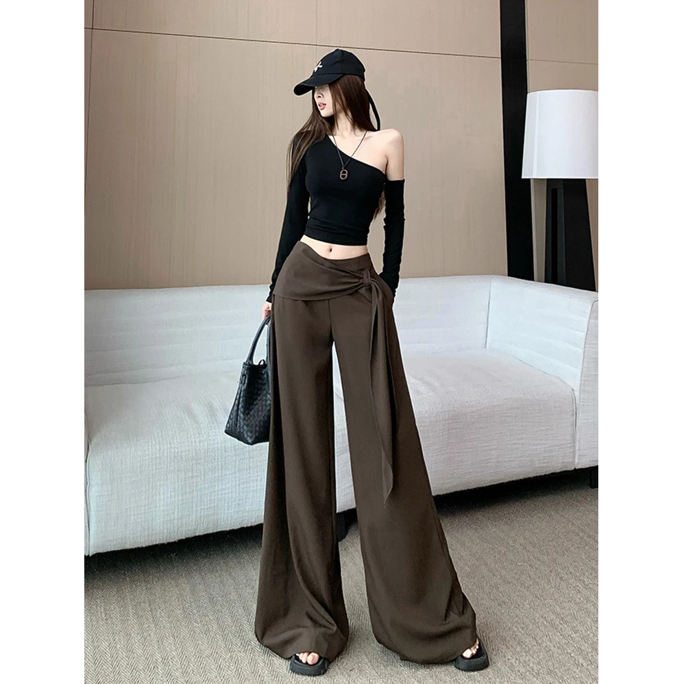 美拉德咖色阔腿长裤女早秋新款松弛感高腰绑带显瘦休闲拖地裤
