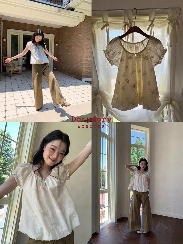 1033-娃娃衫衬衫常规休闲风气质宽松印染薄款夏装泡泡袖