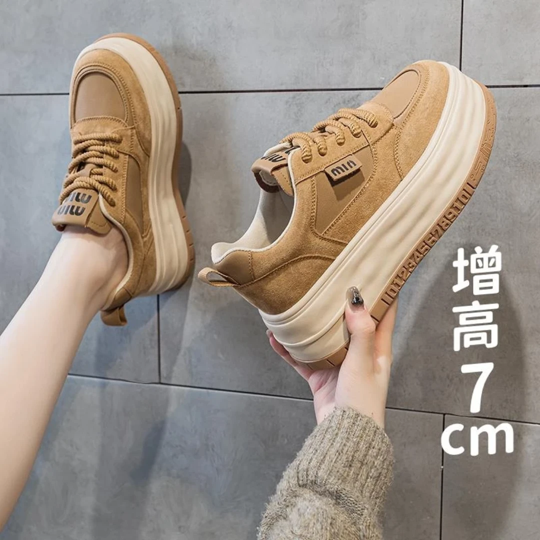 万达撤柜头层牛皮内增高松糕鞋2025厚底软底系带显瘦显瘦低帮板鞋