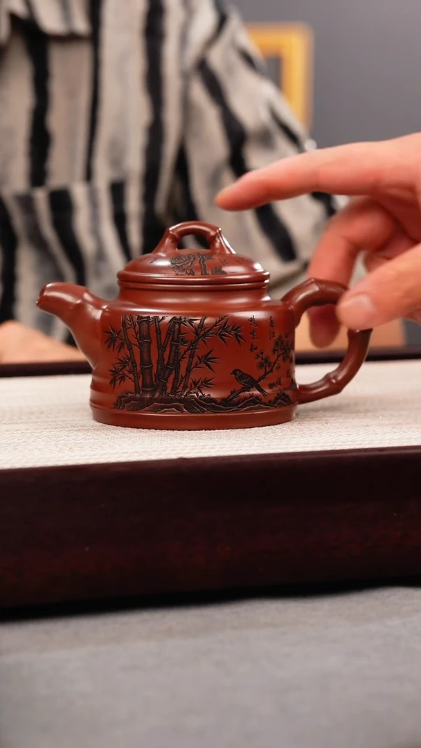 茶壶紫砂龙血砂 竹鼓 刻竹