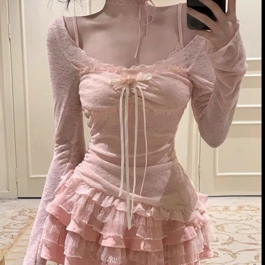 人间水蜜桃纯欲风甜辣显瘦蕾丝吊带约会上衣半身裙两件套