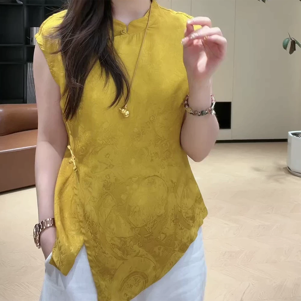 夏季新款新中式国风提花不规则无袖立领上衣显瘦C5302