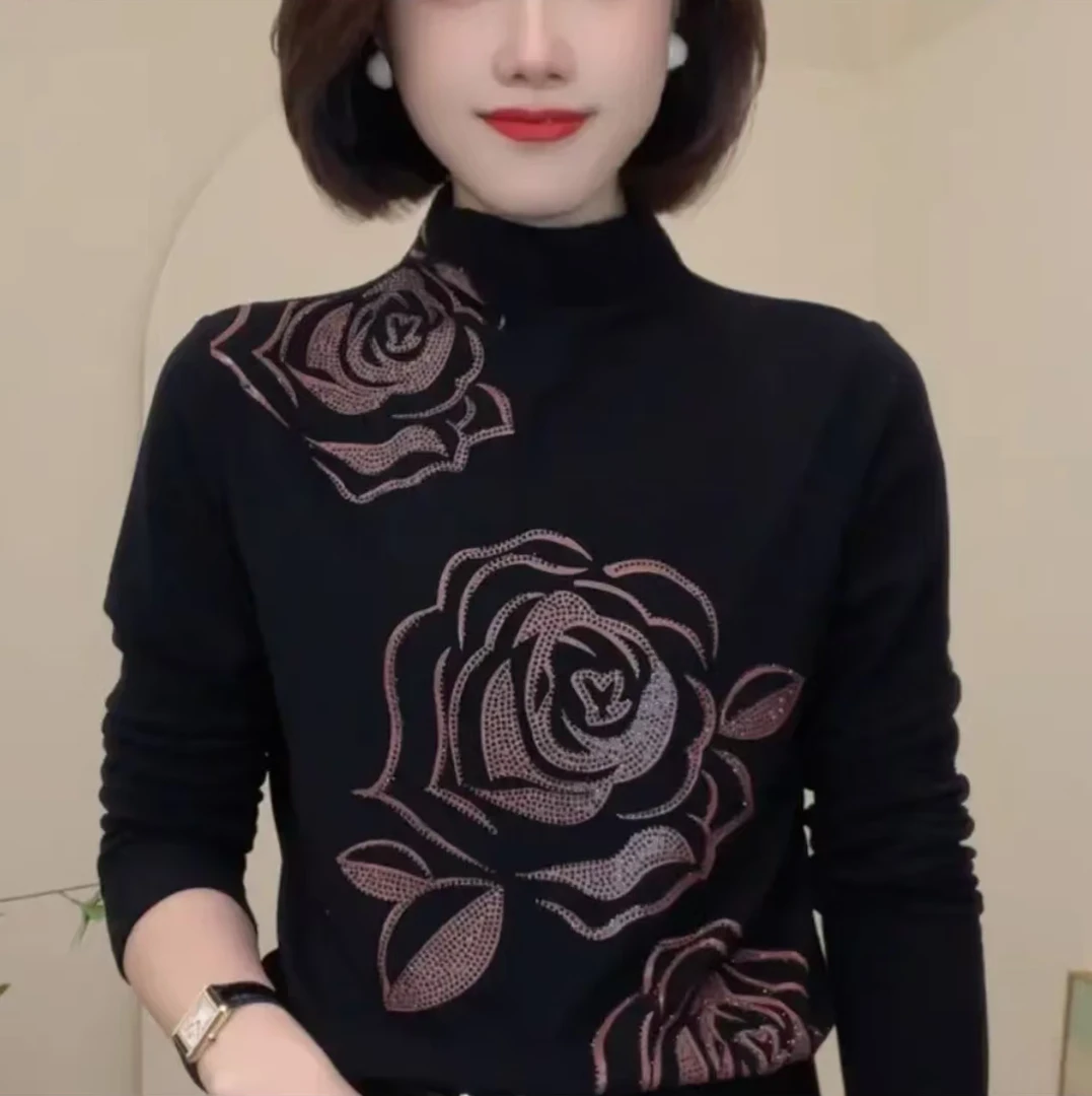 秋冬新款时尚玫瑰烫钻半高领德绒长袖保暖打底衫中老年妈妈上衣女