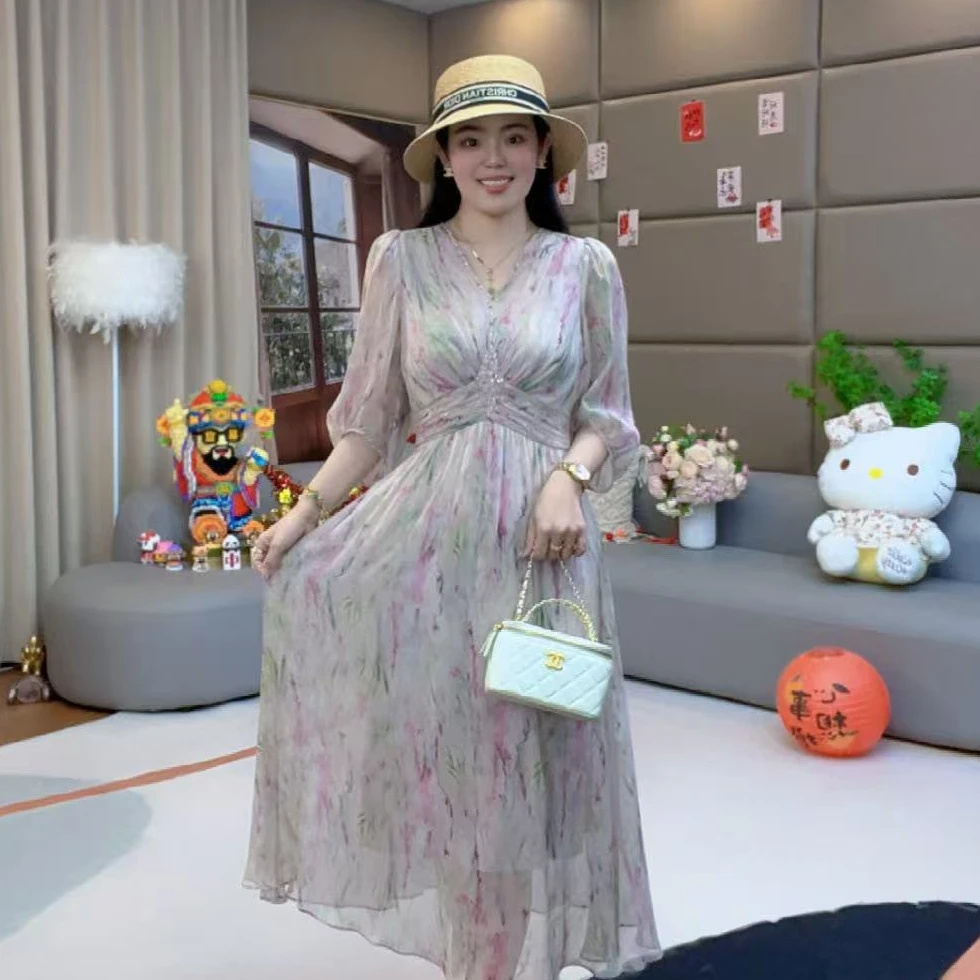 【火火精选】“春风十里”洋气温婉大方纯欲慵懒风桑蚕丝连衣裙80043