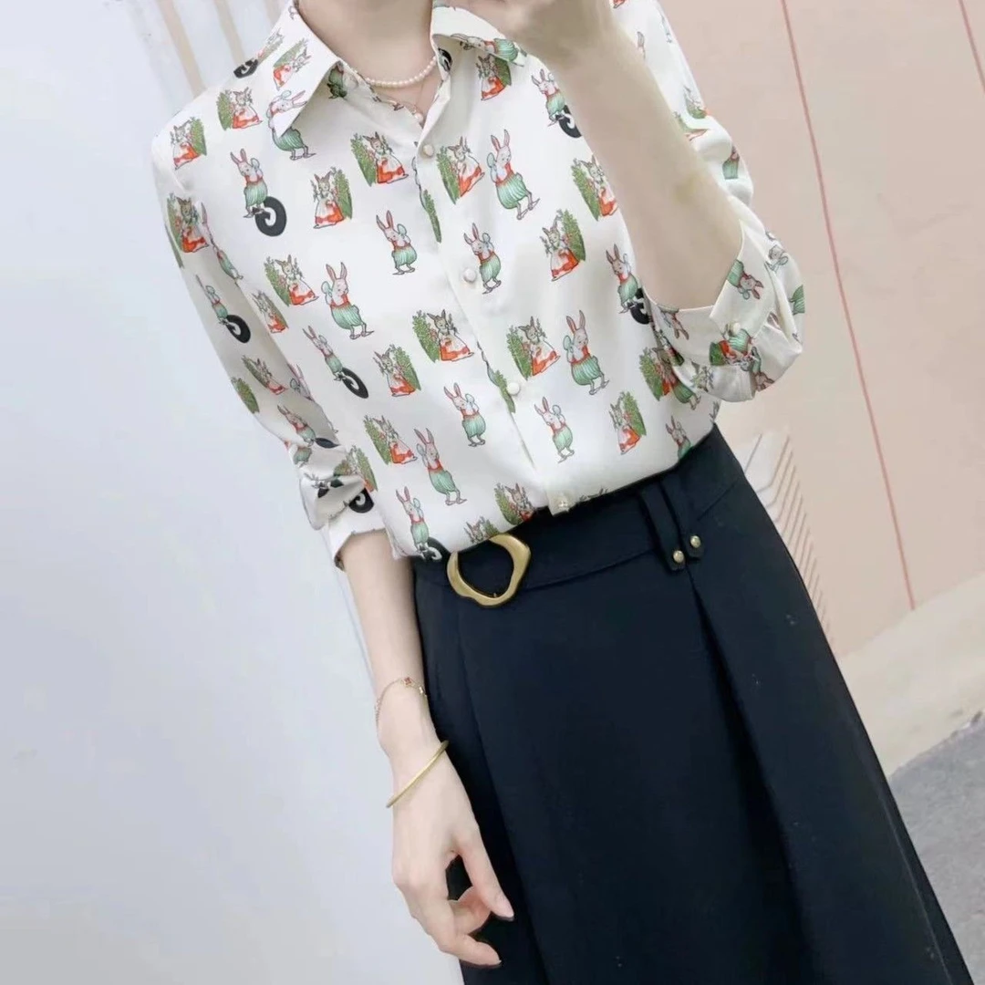 S535时尚小香风印花翻领长袖衬衫女春秋款洋气衬衣