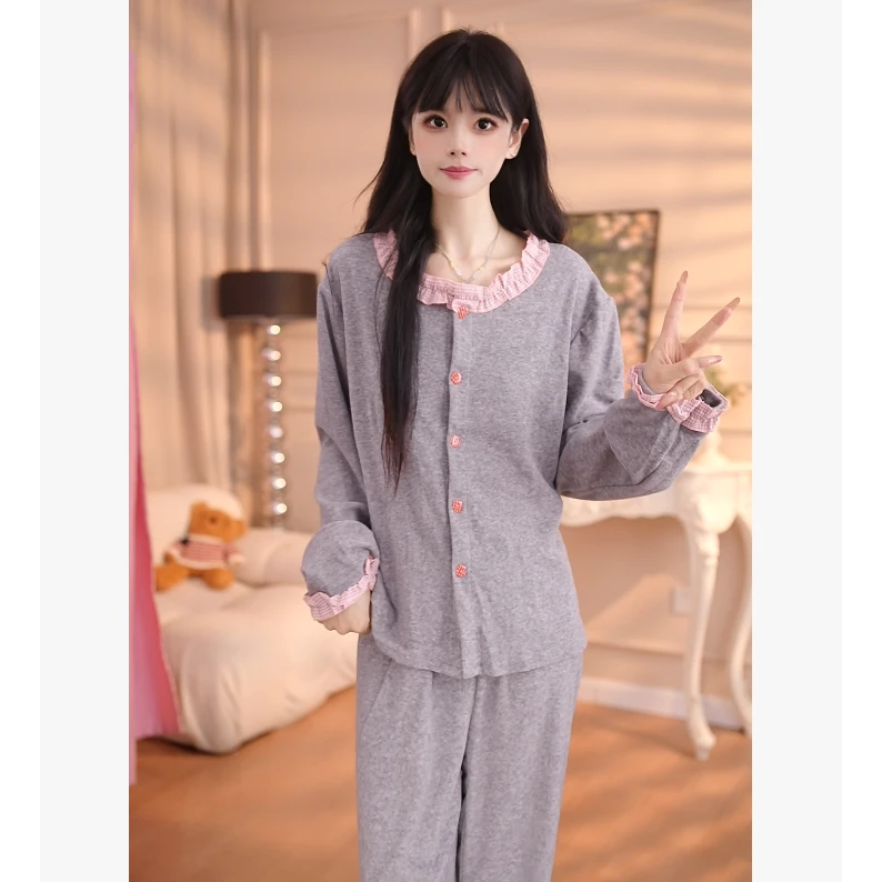 【粉吟】羊密绒女大码翻领家居服长袖常规款睡衣舒适家居服WQN