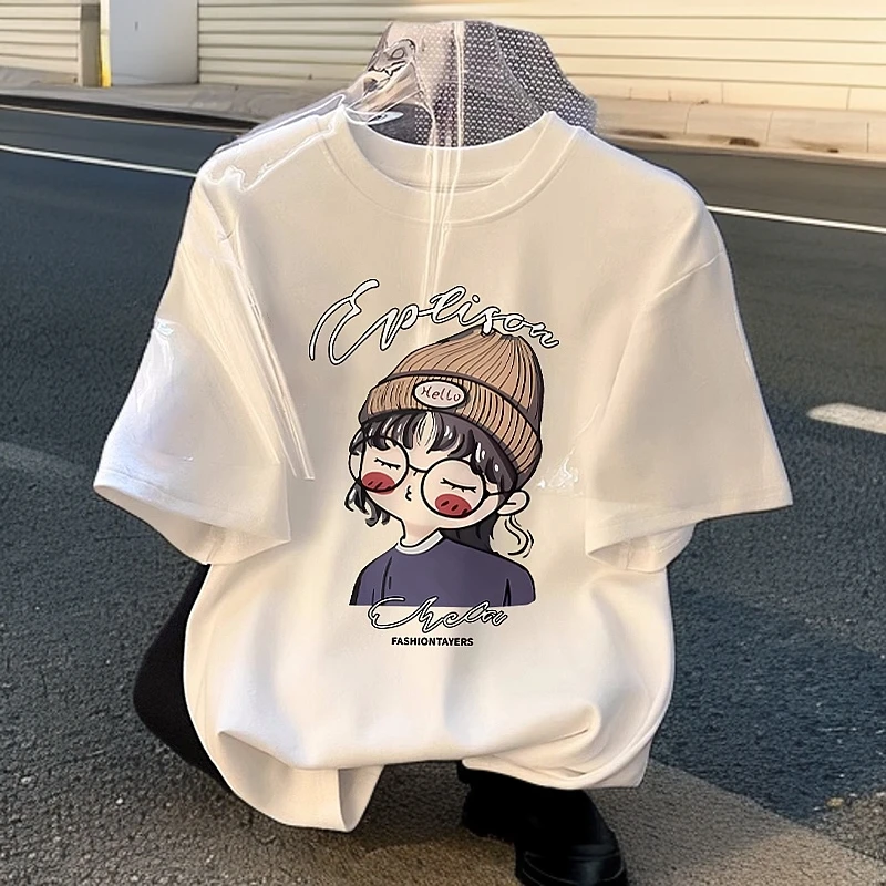 白色短袖t恤女2025夏季新款洋气百搭纯棉宽松卡通女孩时尚上衣ins