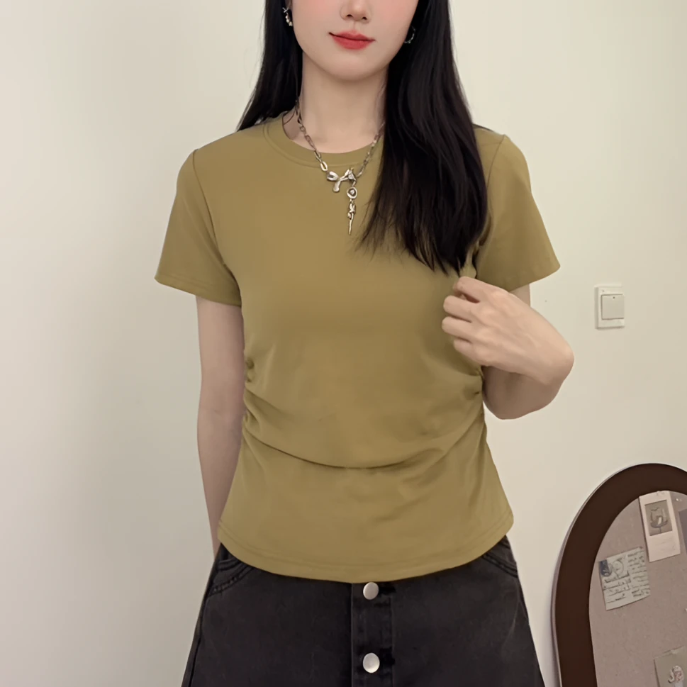 纯色圆领短袖T恤女2025夏季新款休闲百搭短款体恤衫修身显瘦上衣