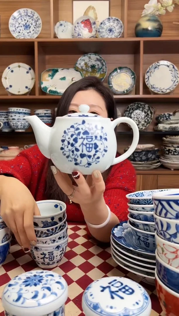 【闪购商品】瓷片蓝凛堂福字茶壶 带滤网