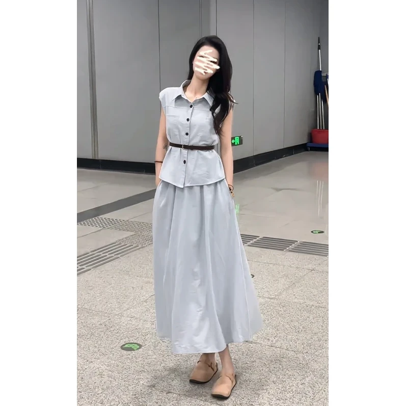 2025夏季新款法式高级感修身翻领短袖上衣气质高腰显瘦A字半身裙