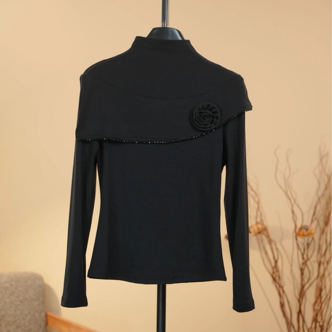 2025秋冬新款加绒加厚针织半高领拼接荷叶边立体花百搭女士C0133