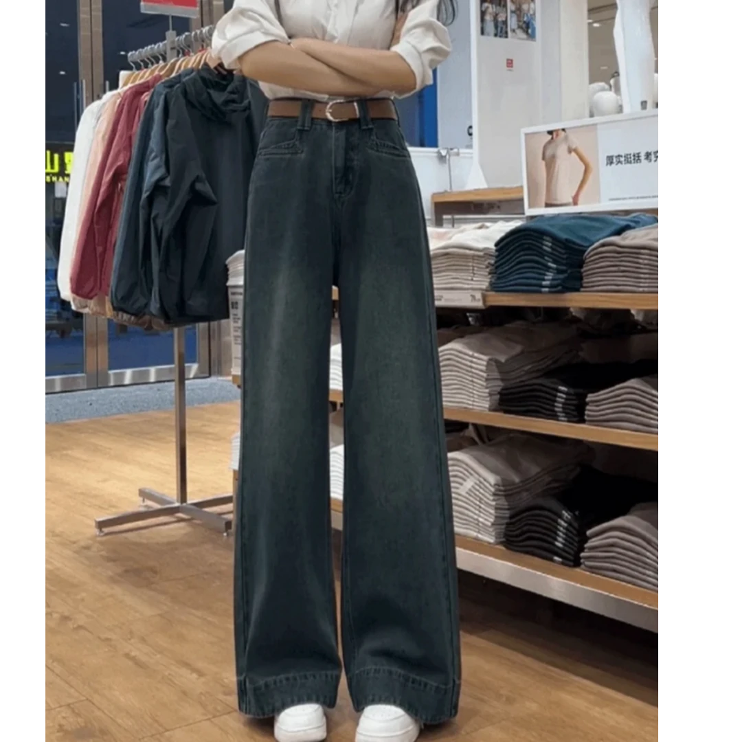 复古韩版高腰阔腿牛仔裤新款宽松休闲百搭拖地长裤ins风