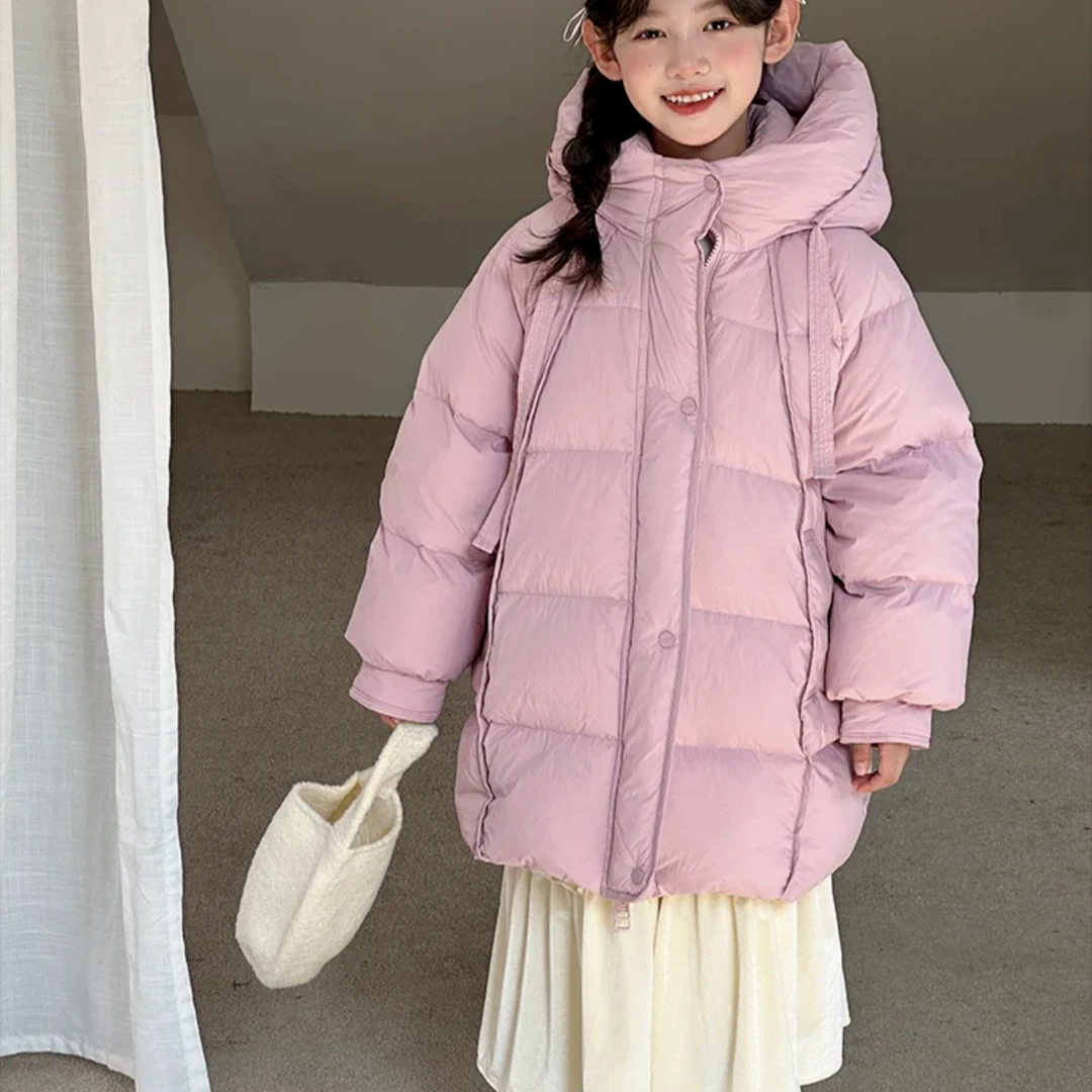 韩版童装90白鸭绒羽绒服儿童女童洋气宽松中长款连帽加厚中大童