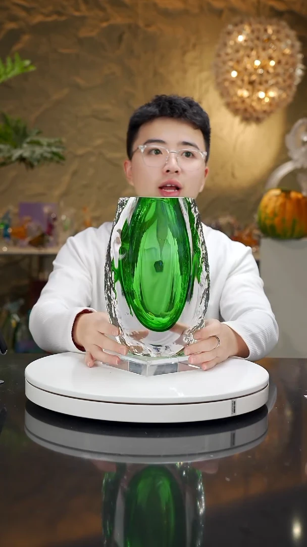 琉璃手工艺品祖母绿冰川肌理纹花瓶