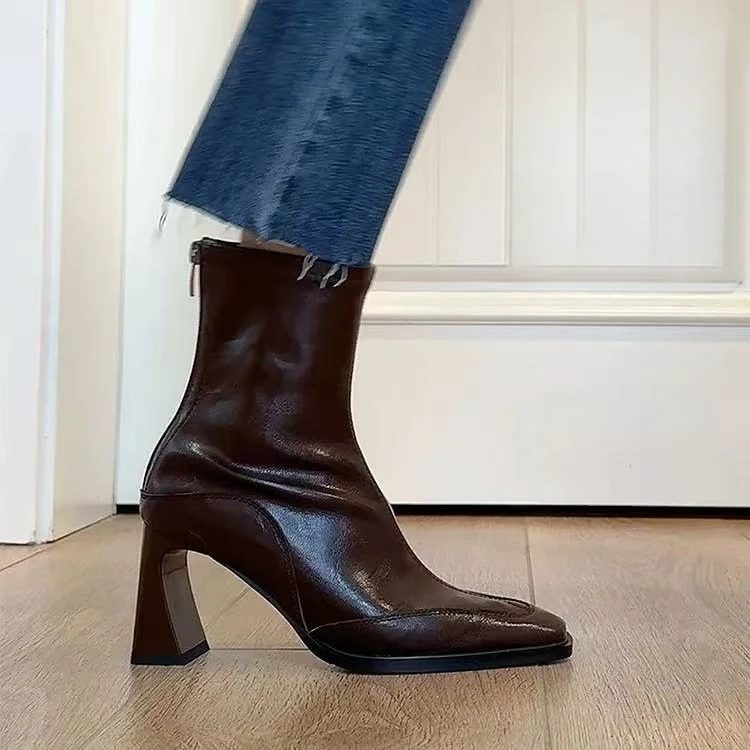 热风新款6cm马鞍棕黑色方头粗跟弹力瘦瘦靴马丁气质靴子
