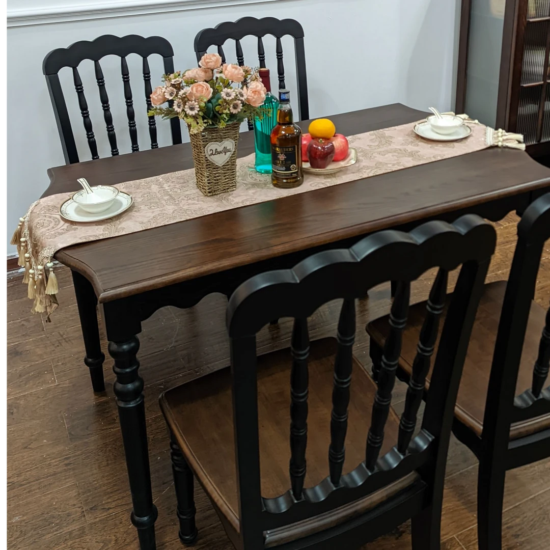 法式复古实木中古风餐厅餐桌家用高级感风格餐桌长方形吃饭桌美式