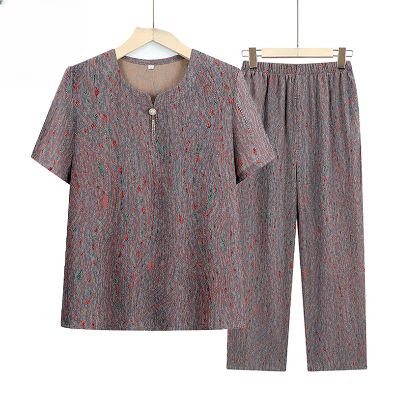 奶奶夏装短袖衬衫套装60岁老人乘凉薄款大码女装70妈妈宽松两件套