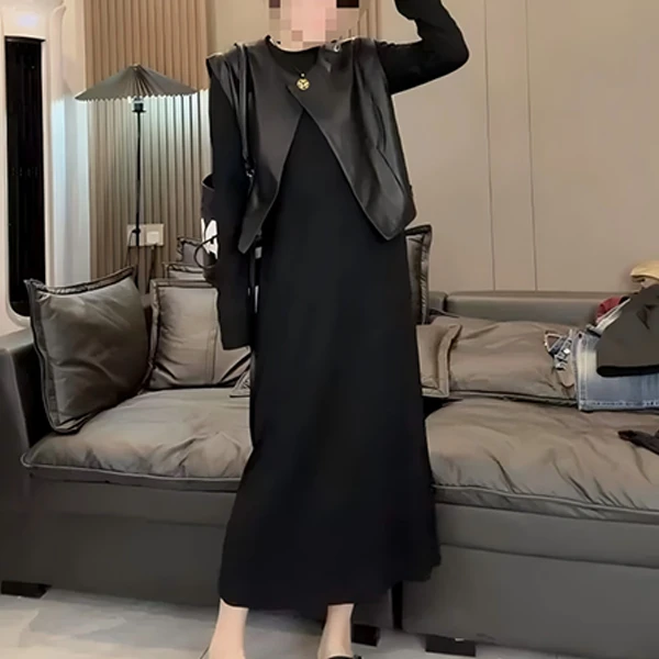 2025秋季新款时尚套装女蛋白皮马甲背心+长袖连衣裙两件套潮2986