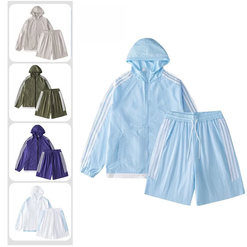 【速干防晒升级】薄款运动套装五分裤男女休闲连帽三条杠套装