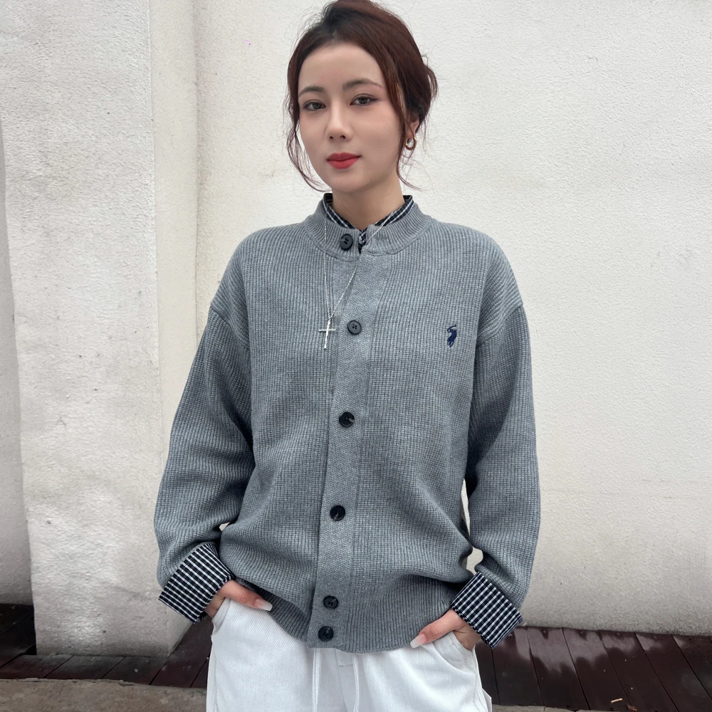 【HZS】毛衣秋季格子春季针织运动假两件不褪色针织衫春秋印花