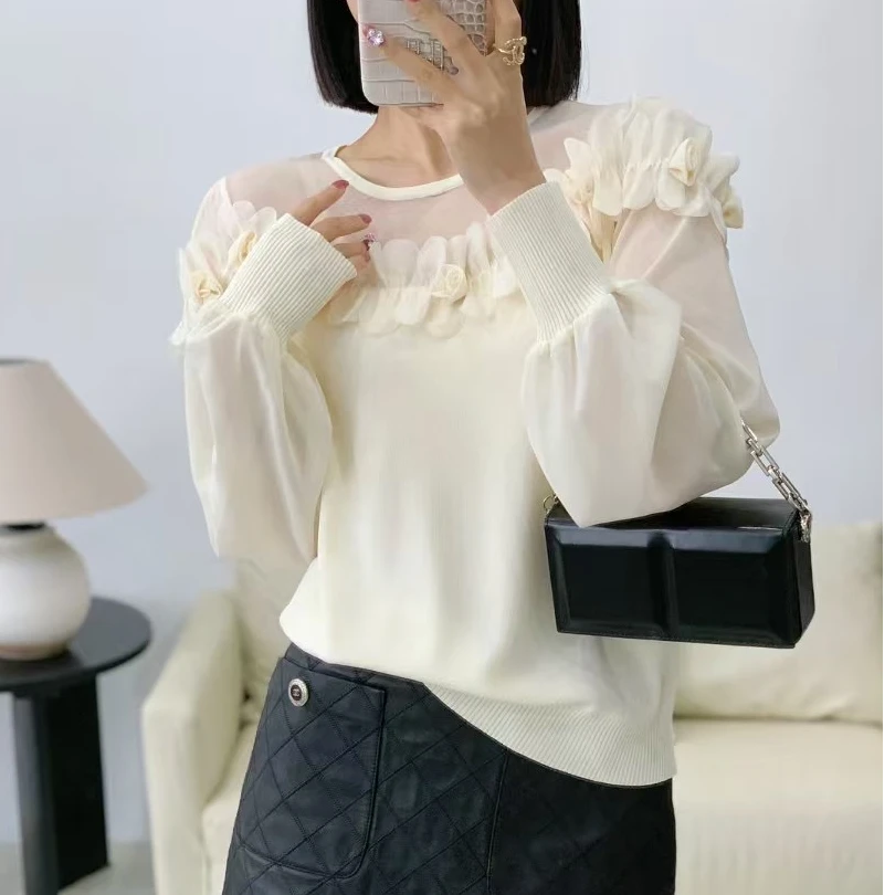 气质甜美氛围感立体蕾丝花朵上衣女秋冬韩版圆领半透一字领针织衫