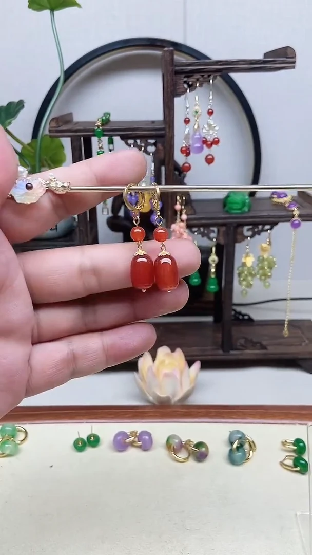 南红玛瑙14K金镶嵌耳饰81号