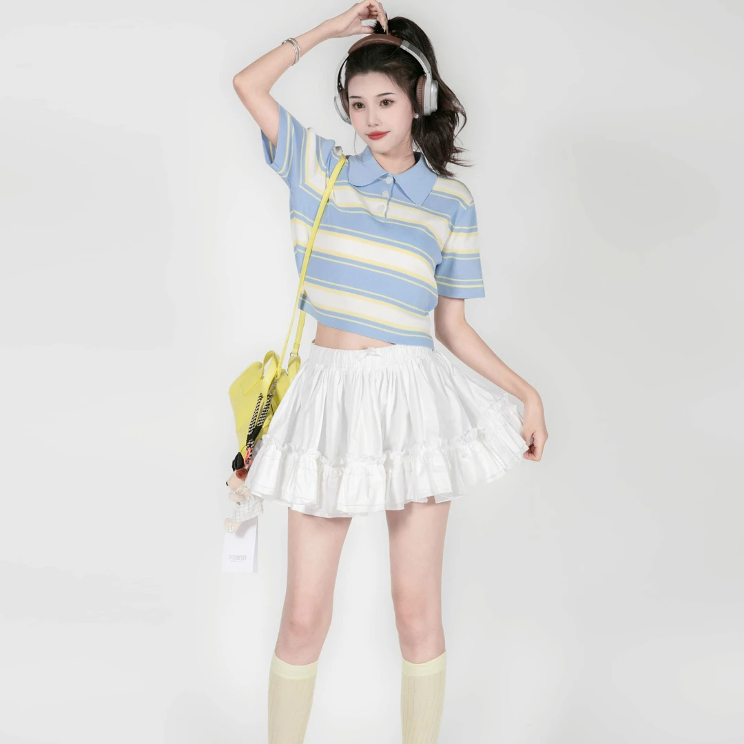 AMANLIN/阿谩琳欧若风高级感POLO领后背绑带条纹短款上衣Y595577