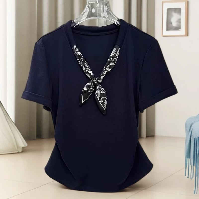 大码胖mm韩版简约收腰显瘦短袖T恤女士夏季洋气减龄V领丝巾上衣潮