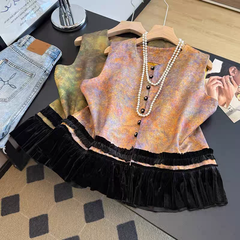 2025年秋季新款新中式国风复古撞色拼接丝绒马甲气质上衣女