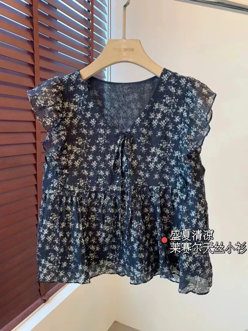 套头印花V领碎花薄款飞飞袖衬衫女装针织休闲美背女士气质1269