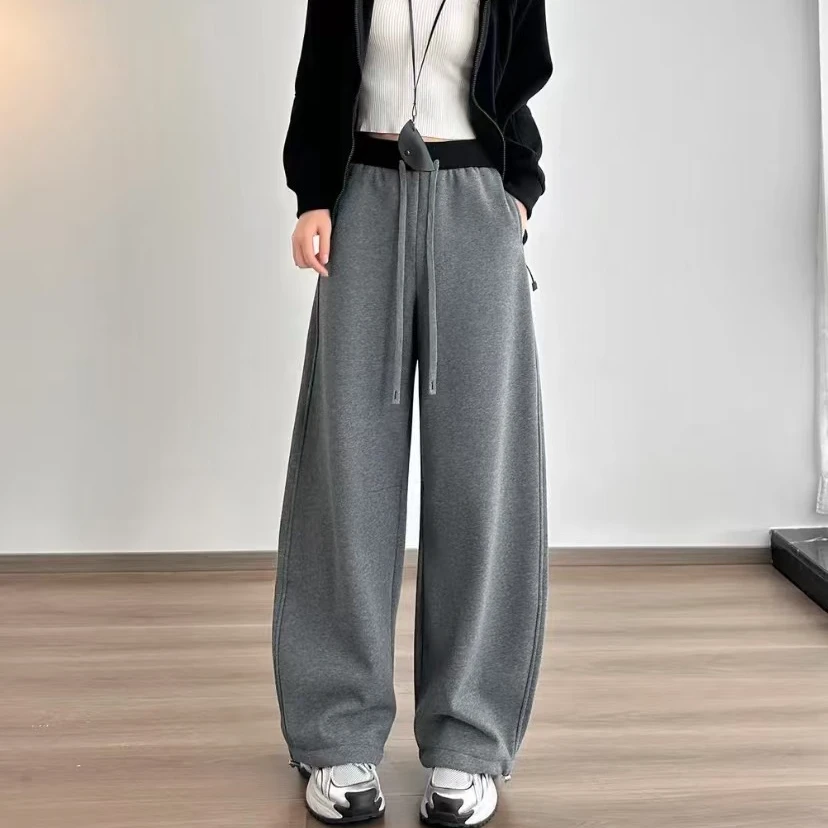 高级感拼色加绒运动裤抽绳显瘦宽松弯刀卫裤休闲阔腿裤女
