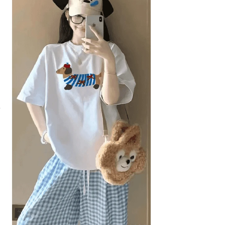 2025夏港风大码落肩T恤腊肠狗趣味印花男女同款纯棉t宽松显瘦短袖