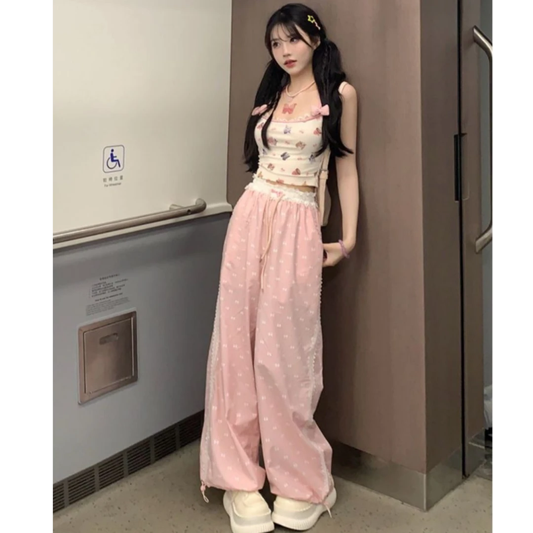 直筒甜美可爱裤粉色阔腿裤阔腿裤网红时尚炸街女生韩系ins衣服