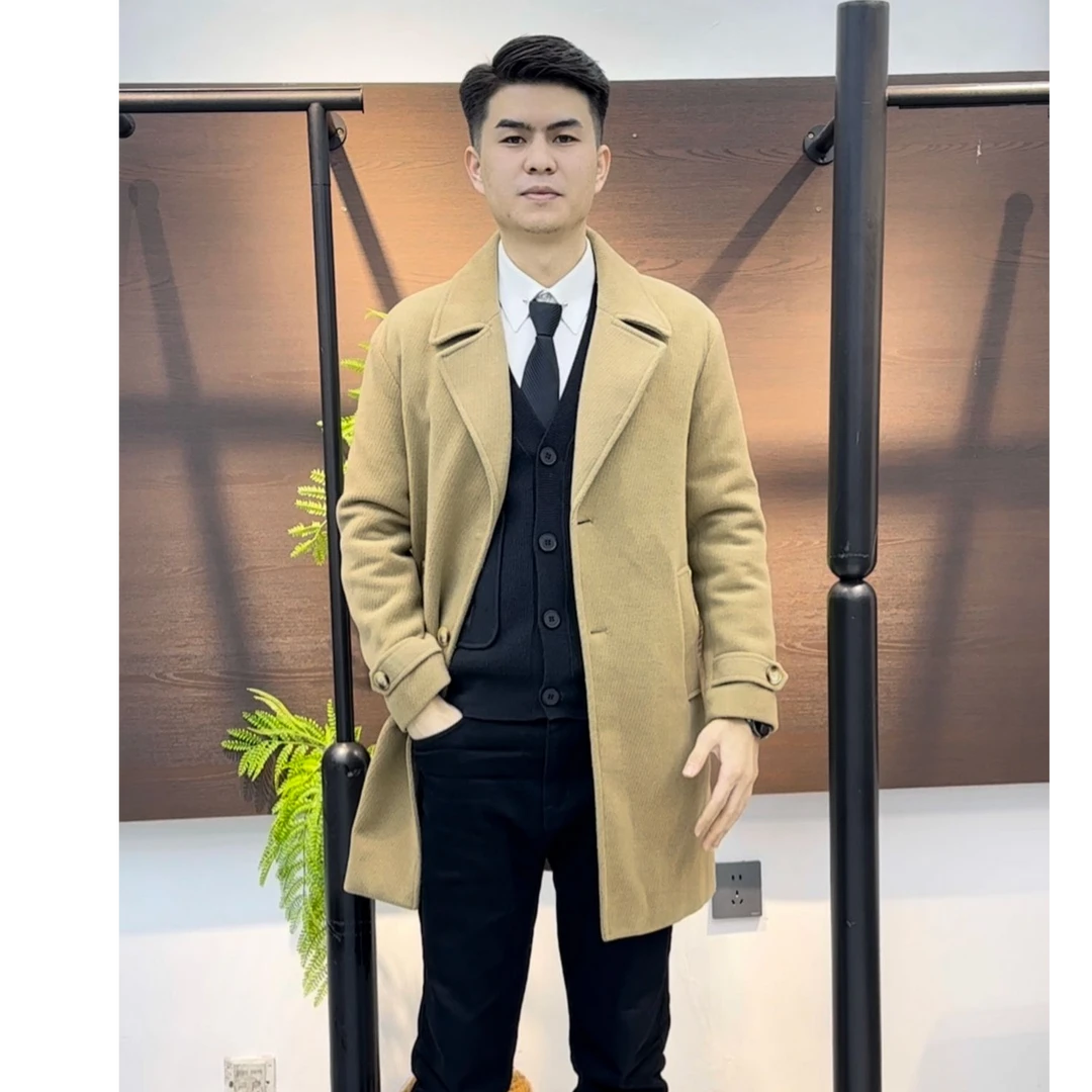 冬季纯色修身型中长款毛呢大衣时尚呢子秋冬外套男士199