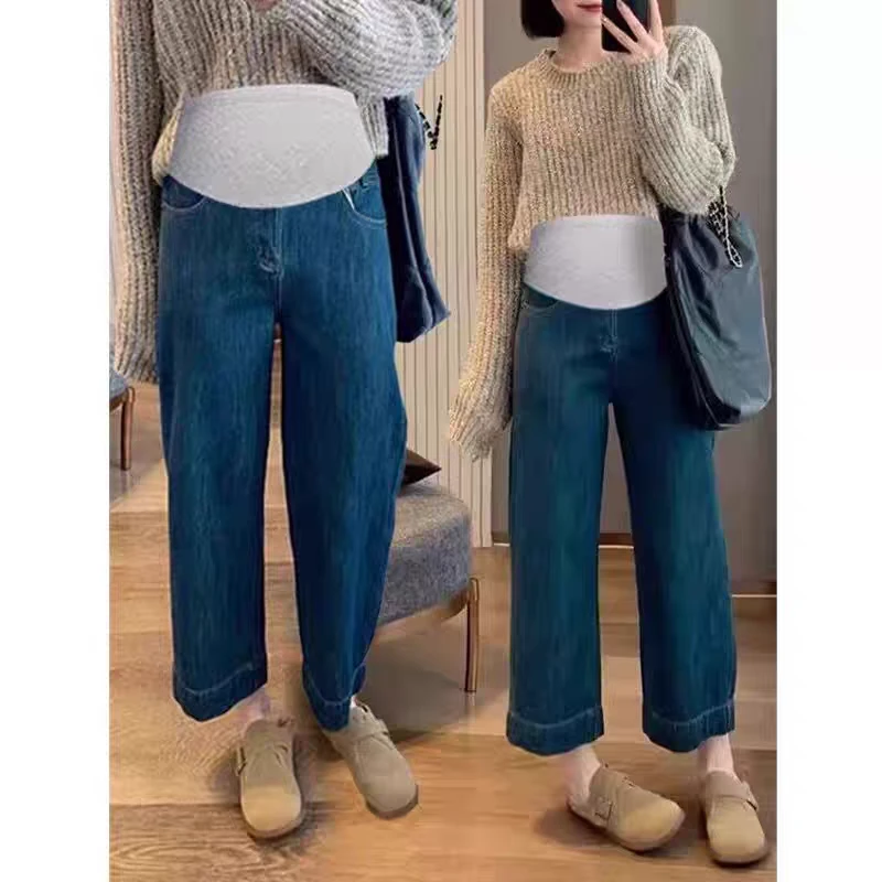 孕妇裤春秋季托腹高弹直筒阔腿牛仔裤外穿宽松显瘦时尚九分裤