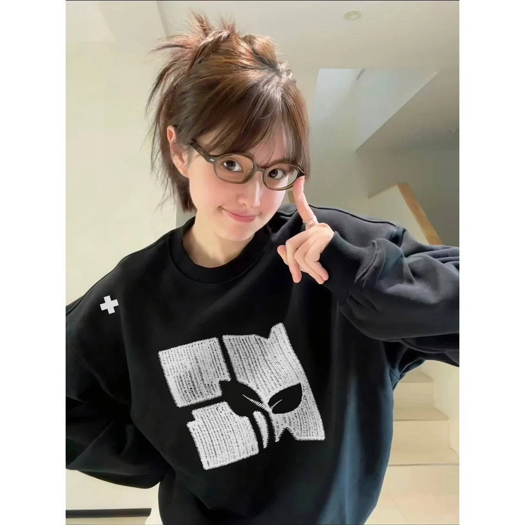 新款潮牌女装韩版加绒加厚圆领卫衣女秋冬穿搭宽松潮流休闲服